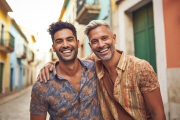 Naklejka premium happy cheerful gay couple at holiday laughing smiling looking to camera