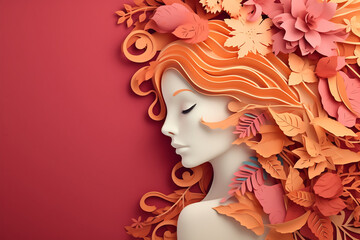Decoración / Día de la mujer / Diseño simple de una mujer con flores saliendo de su cabeza / Amor de madre / AI Generativa