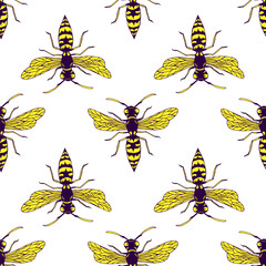 Colorful seamless pattern with cute bright wasps, isolated on white. Summer decorative stylish texture with cartoon insect for design wrapper, wallpaper, dress