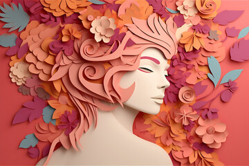 Decoración / Día de la mujer / Diseño simple de una mujer con flores saliendo de su cabeza / Amor de madre / AI Generativa - obrazy, fototapety, plakaty