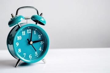 blue alarm clock on a white background with copy space. Created with Generative AI Technology