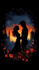 silhouettes male is holding a beautiful red hair woman. AI generative