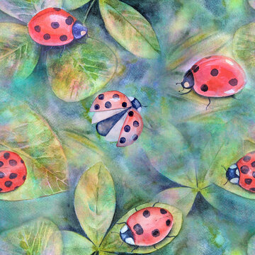 Seamless watercolor botanical summer pattern with ladybugs and greenery