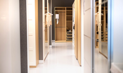 Modern Dressing Room Interior With Wardrobe that show at the furniture store for sample to customer.