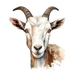 portrait of brown goat isolated on white background. Watercolor. Illustration. Sample. Close-up. Clip art. Drawn by hand