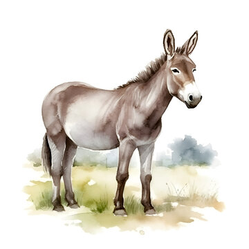 Donkey isolated on white background. Watercolor. Illustration. Sample. Close-up. Clip-art. Drawn by hand.