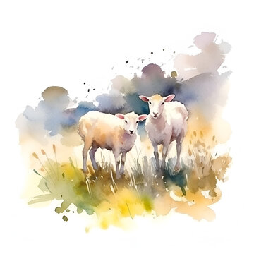 Sheep with a lamb on the background of a farm on a summer day, watercolor illustration