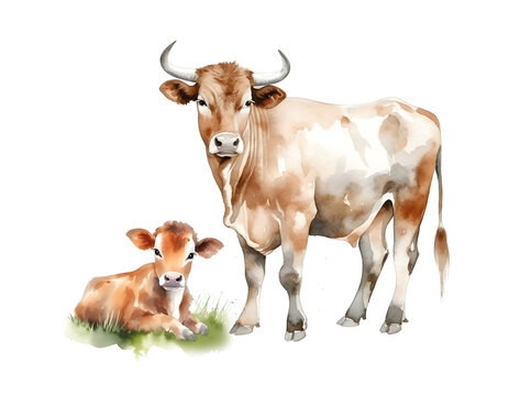 Brown cow with a small calf. set of breeds of cattle. farm animal hand draw watercolor illustration