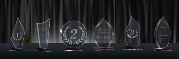 Glass award trophy set. Transparent prize template with golden palm branch. Winner first place concept.