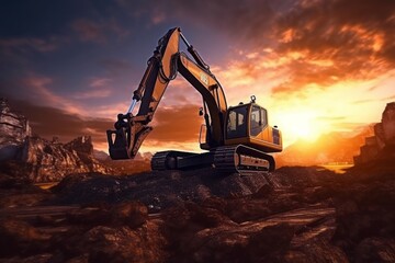 excavator in construction site on sunset sky background. Generative AI.