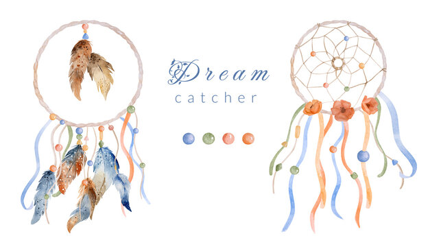 Tribal feather boho dreamcatcher watercolor ornament with text. Traditional dream catcher ethnic wing painting