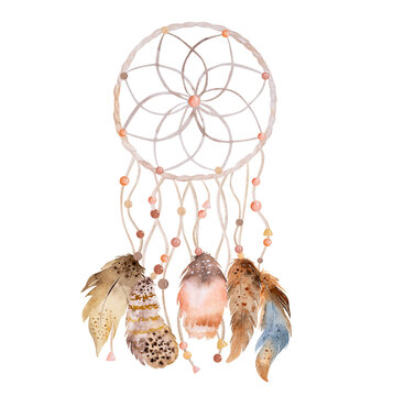 Tribal feather boho dreamcatcher watercolor ornament. Traditional dream catcher ethnic wing painting