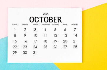 The October 2023 Monthly calendar for 2023 year on beautiful background.