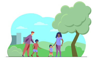 Fototapeta premium Interracial family having fun at park vector illustration. Happy mother and father walking and playing with children outdoors. Diversity, relationship, family, interracial marriage concept