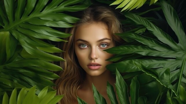 Beautiful girl among tropical leaves