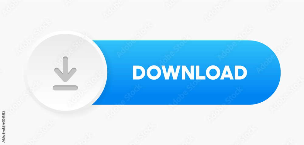 Aufkleber 3D download button icon. Upload icon. Down arrow bottom side symbol. Click here button. Save cloud icon push button for UI UX, website, mobile application.