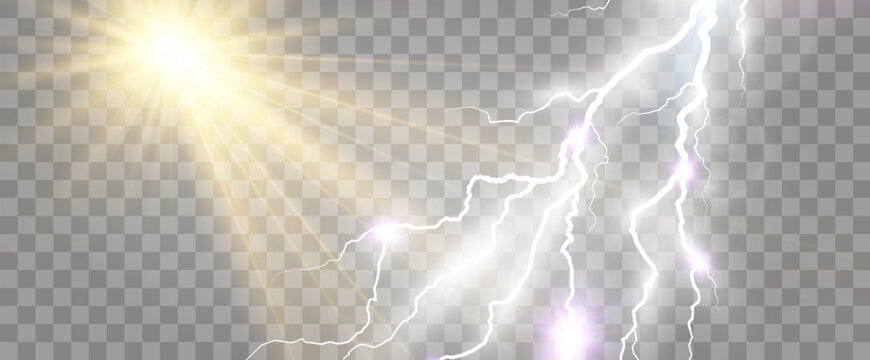 Climate vector drawing of the sun and lightning shining through the clouds.

