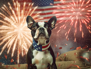 Cutest Boston Terrier puppy in front of fireworks and the American flag