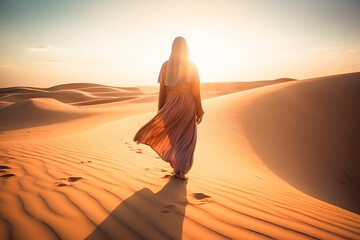 Arabian woman walk in the desert sand and dunes at sunset ai generated art Generative AI - obrazy, fototapety, plakaty