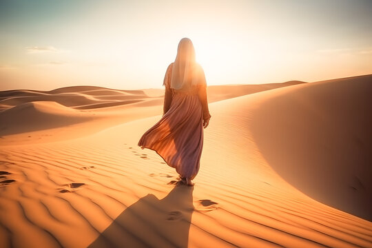 Arabian woman walk in the desert sand and dunes at sunset ai generated art Generative AI