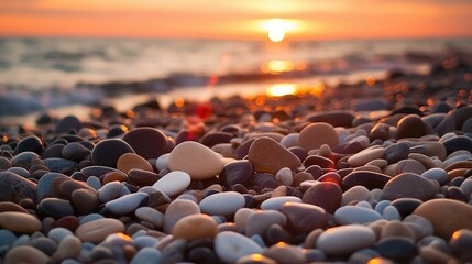Fototapeta premium Pebbles on the beach during sunset