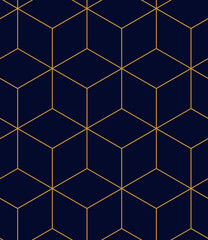 Abstract geometric pattern background with hexagonal and triangular texture. Blue and gold seamless grid lines. Simple minimalistic pattern