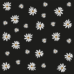 Floral doodle pattern, chamomile, daisies on black background, vector illustration.