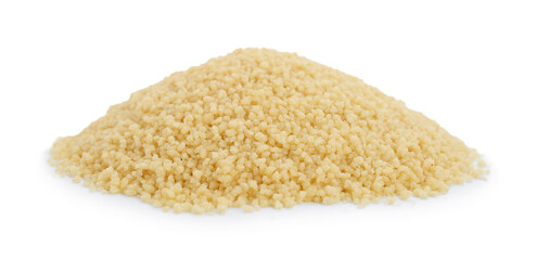 Pile of raw couscous on white background