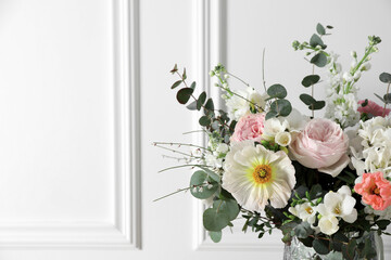 Bouquet of beautiful flowers on white background, closeup. Space for text