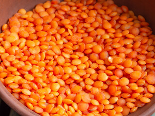 Lentil grains close up top view.