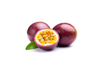 Fresh whole and sliced purple passion fruits isolated on white background. Created with Generative AI Technology