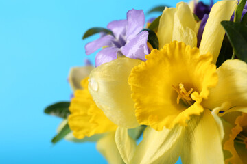 Fototapeta na wymiar Bouquet of beautiful yellow daffodils and periwinkle flowers on light blue background, closeup. Space for text