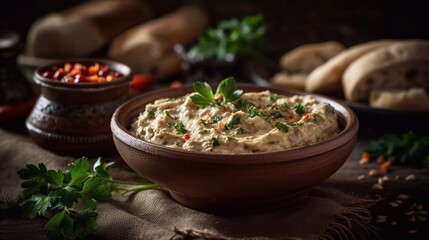Middle Eastern cuisine - babaghanoush closeup in a plate on dark background. AI generative