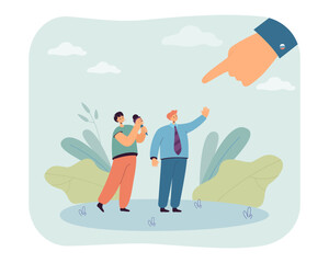 Government silencing independent media vector illustration. Hand pointing finger at tiny journalists with microphone, not letting them speak. Freedom of speech, Georgia, independent media concept