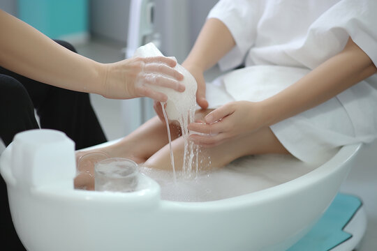 Beautician washing woman feet for pedicure treatment with generative AI technology