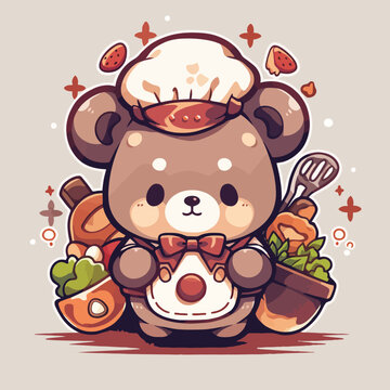 A cartoon bear with a chef hat and a plate of pancakes.