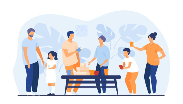 Family reunion at picnic or bbq vector illustration. Happy grandparents, parents and children drinking together and talking, taking photos. Family and friends reunion, togetherness concept