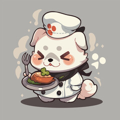 A cartoon dog with a chef hat and a plate of food.