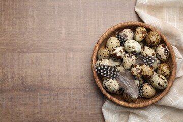 Obraz na płótnie Canvas Speckled quail eggs and feathers on wooden table, top view. Space for text