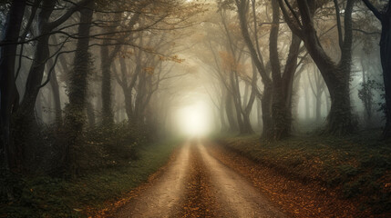 Obraz premium Road in the foggy forest. Generative AI