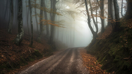 Obraz premium Road in the foggy forest. Generative AI