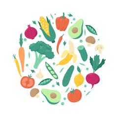 Fruits and vegetables, set of healthy vegetarian food in round shape. Hand drawn vector illustration in trendy minimalist style