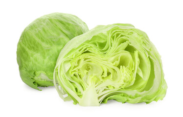 Obraz premium Whole and cut fresh green iceberg lettuces isolated on white