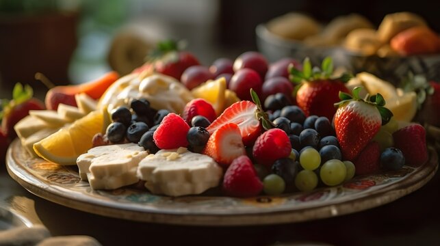 Sweet dessert plate with fruits, berries and delight. AI generated