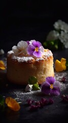 Fototapeta na wymiar Semolina cake with flowers decor on stone background. AI generated