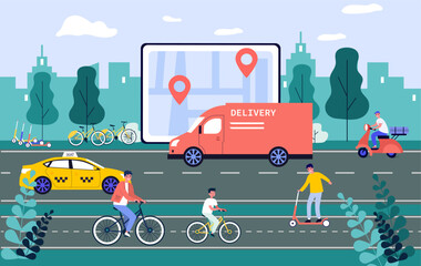 Urban transportation on city map vector illustration. Personal car, taxi, delivery truck, bike and scooter sharing, bike paths network on road. Urban infrastructure, rental application concept