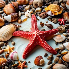Fototapeta na wymiar seashells and starfish created with Generative AI technology