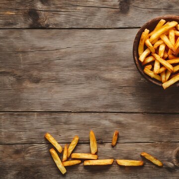 french fries on wooden background created with Generative AI technology