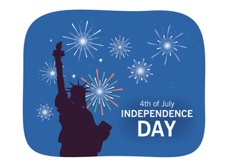 Statue of liberty silhouette vector illustration. Independence day celebration with fireworks on night sky in America, banner or postcard ideas. Independence day, holiday, democracy concept