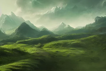 Zelfklevend Fotobehang Abstract green landscape wallpaper background illustration design with hills and mountains.Organic green environment, Generative AI © Evgenii